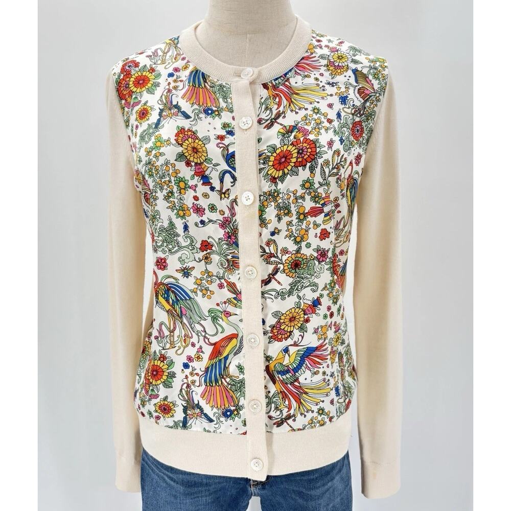 Tory Burch Silk Front Wool Cardigan Sweater Floral Peacock Cream Button-up READ